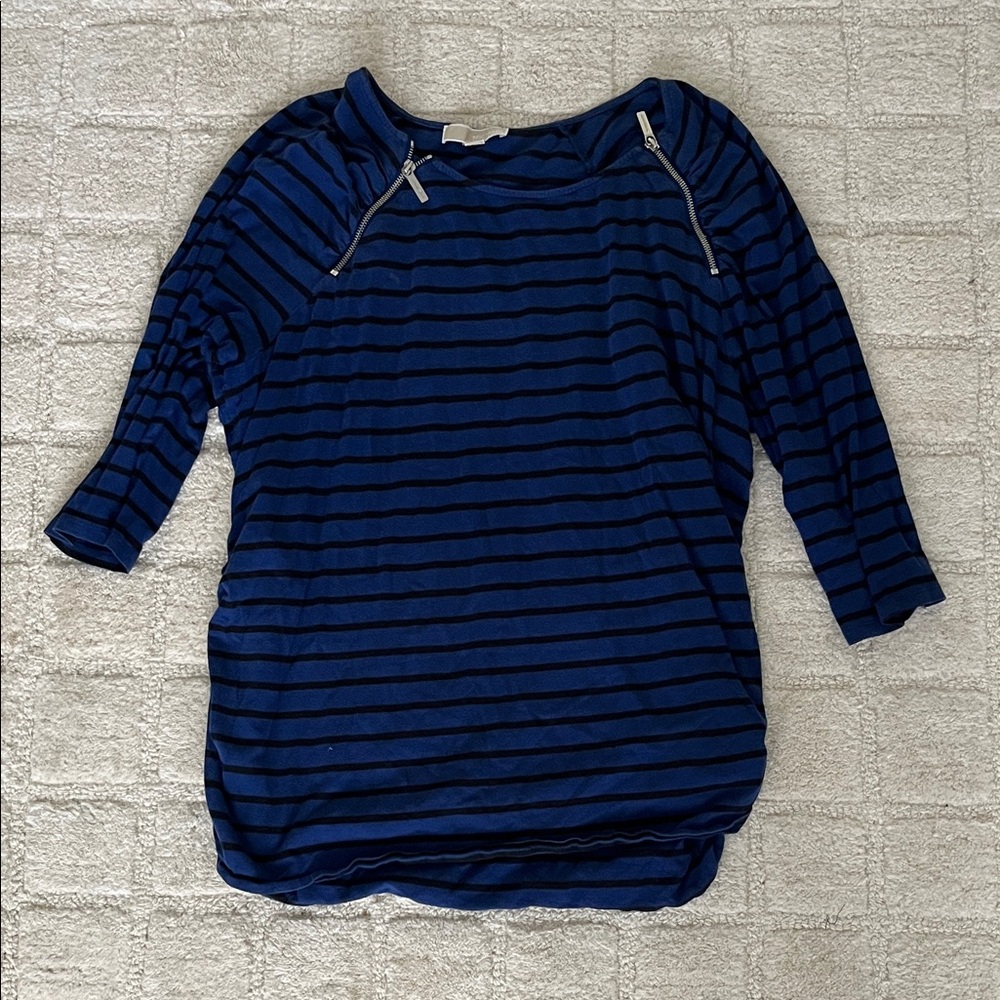 Michael Kors Blue Striped Blouse with Zipper Details